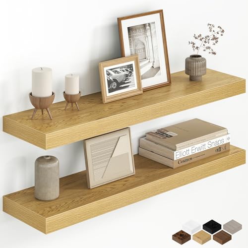 30 Inch Floating Shelves for Wall Rustic Wood Wall Mounted Deep Storage Shelves with Invisible Brackets Large Decorative Display Ledge for Living Room Bathroom and Kitchen Set of 2 Oak