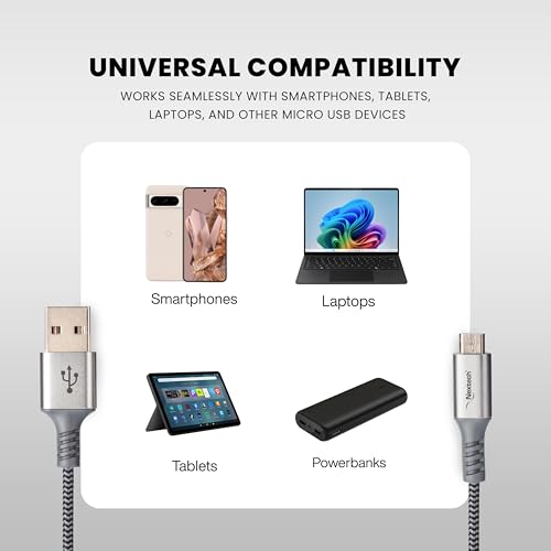 Image of Nextech USB A Male to Micro Sync & Charge Cable (3 Meter) | Fast Charging 3M Braided Micro USB Cable for Smartphones, Tablets & Other Micro USB Devices, Grey