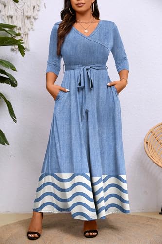 Image of Runwind Plus Size Dress for Women - 3 /4 Sleeve V Neck Maxi Dresses for Women (XL-6XL)