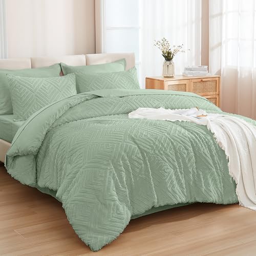 Image of Andency Super King Plus Comforter Set Sage Green - 7 Pieces Bed in a Bag Oversized King Bedding Sets, Boho Tufted Lightweight Fluffy Bed Set with Comforter, Sheets, Pillowcases & Shams
