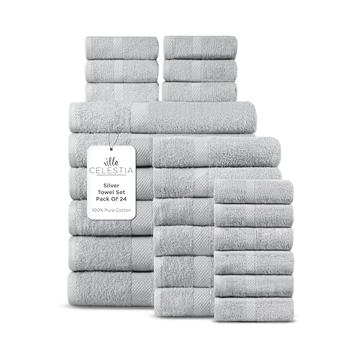 Image of Villa Celestia 24-Piece 100% Cotton Towel Set, 6 Bath Towels, 6 Hand Towels, 12 Wash Cloth, Quick-Dry, Silver