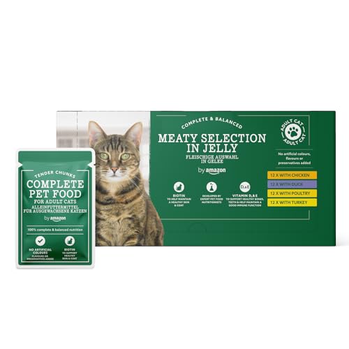 by Amazon - Alimento completo equilibrado sin cereales para gatos adultos, selección de carne en gelatina, 4,8 kg (48 paquetes de 100 g)