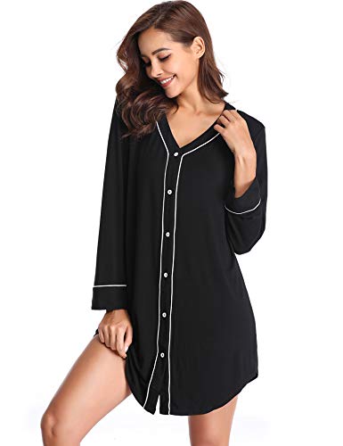 Lusofie Nightgown Women's Long Sleeve Nightshirt Boyfriend Sleep Shirt Button-up Lapel Collar Sleepwear (Black Solid, X-Large)
