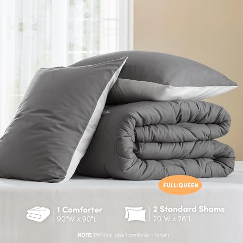 Image of Comfort Spaces Comforter Set Vibrant Reversible Comforters Queen Size Quilted Bedding Set, All Season Lightweight Bedding, Soft Microfiber Comforter, Vixie, Grey /Light Grey Full /Queen 3 Piece