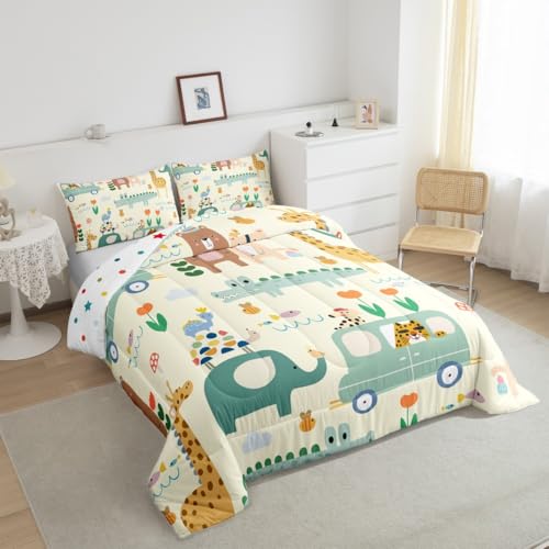Image of Feelyou Kids Cartoon Elephant Bedding Set Full Size, Crocodile Comforter Set Boys Girls Bear Rabbit Comforter Zoo Animals Duvet Insert Kids Room Decor Microfiber Bed Set