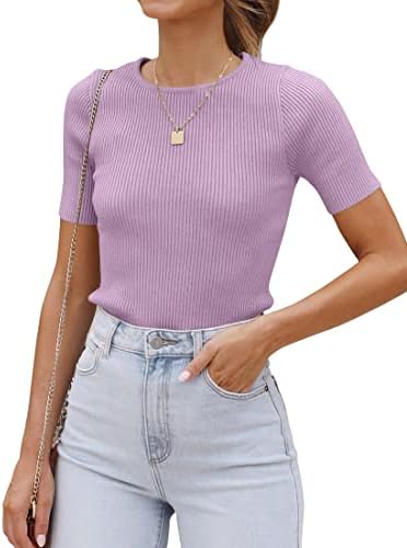 ZESICA Women's Short Sleeve Crewneck Ribbed Knit Slim Fit T Shirt 2023 Summer Basic Solid Color Tee Tops 1 ZESICA Women's Short Sleeve Crewneck Ribbed Knit Slim Fit T Shirt 2023 Summer Basic Solid Color Tee Tops