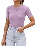 ZESICA Women's Short Sleeve Sweater Tops 2026 Summer Crewneck T Shirt Ribbed Knit Slim Fit Basic Solid Color Tee Purple Large