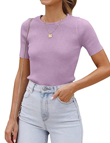 Image of ZESICA Women's Short Sleeve Sweater Tops 2026 Summer Crewneck Basic T Shirt | Business Casual Outfits, Solid Color Ribbed Knit Tee, Slim Fitted, Soft Skin Friendly, Going Out Top, Cute Dressy Blouse