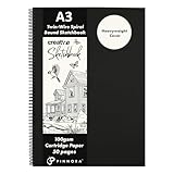 PINNORA Creative A3 Sketchbook (100GSM) - Black Hardcover Sketch Book with Thick Cartridge Paper | Twin-Wire Spiral Bound Sketch Pad, A3 Drawing Pad for Sketching - Art Book for All Ages (50 Pages)
