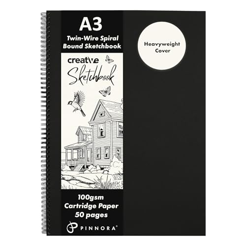 PINNORA Creative A3 Sketchbook (100GSM) - Black Hardcover Sketch Book with Thick Cartridge Paper | Twin-Wire Spiral Bound Sketch Pad, A3 Drawing Pad for Sketching - Art Book for All Ages (50 Pages)