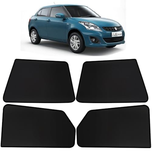 Image of OTO2EYE Car Sun Shade Compatible for Swift Dzire Model-2012-2017, Z-Black Fix Type Side Window Curtains, Only Half Cut in Front Window, 4 Pieces Set