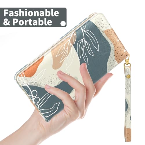 Image of Nipichsha Womens Wallet, RFID Wristlet Wallet for Women, Cute Ladies Purse, Large Credit Card Clutch Wallets, Leather Card Holder Wallets with Zipper & Phone Holder, Abstract Boho Leaf