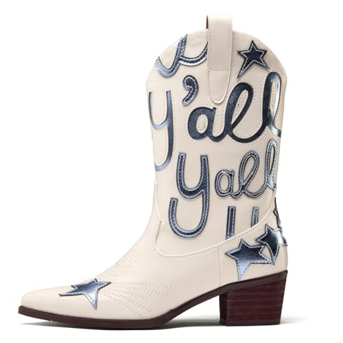 Image of Metallic Cowboy boots for Women Embroidered Mid Calf Womens Cowgirl Boots Western Pointed Toe Chunky Heel