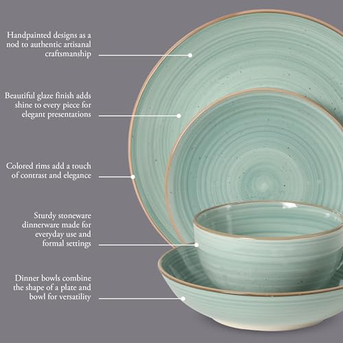 Image of Gibson Home Stonebury 16 Piece Plates and Bowls Teal Dishes - Handpainted Stoneware Dinnerware Set - Service for 4