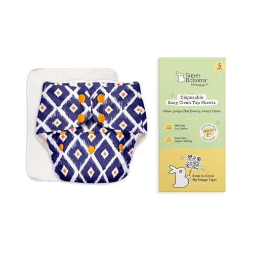 Image of SuperBottoms BASIC Cloth Diaper with UltraThin Dry Pad & 5 Disposable Easy Clean Top Sheets | Reusable & Washable | Adjustable Fit for Babies 3m-3y