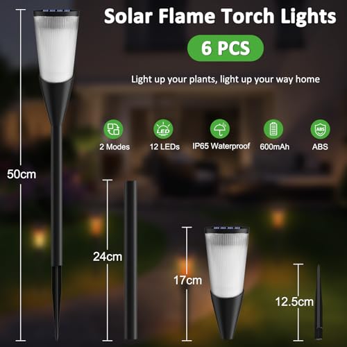 Solarlampen für Außen Gartenfackeln, 6Stück 2Modi Solarleuchten für Draußen,IP65 Wetterfest Fackeln Lampe,Solar Bodenleuchten mit Realistischen Flammeneffekt für Gartenbeleuchtung,Weg,Hinterhöfe,Rasen 6