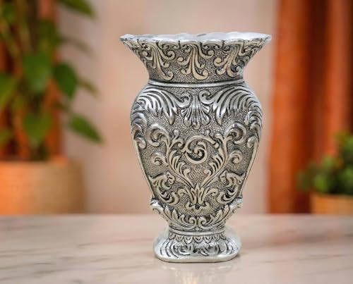 Image of Kridaykraft Decorative Metal Vase, Antique Gold Finish, Baroque Floral Pattern, Traditional Ornate Design (Silver)