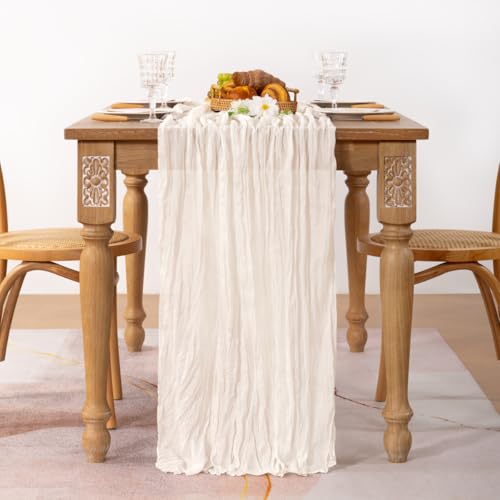 Image of MLMC 2 Pack Ivory White Table Runner Rustic Gauze Cheesecloth Table Runner 10ft Cheese Cloth Centerpiece Decor 35x120 Inches for Dessert Anniversary Wedding Bridal Baby Shower Decor