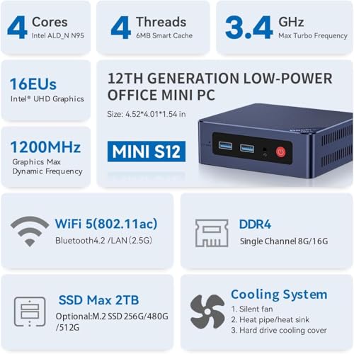 Image of Beelink MINI S12 Mini PC,Intel 12th Gen Alder Lake-N95 Processor(4C /4T,up to 3.4GHz),Mini Computer 8GB DDR4 RAM 480GB SSD,Support 4K Dual Display,WiFi 5 /BT4.2 /USB3.2 /2.5G LAN /WOL /Auto Power On