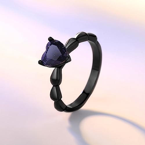 Personalized Promise Rings for Women, Custom Black Promise Rings for Her/Him, Engravable Promise Ring for Couples, Engraving Matching Heart Blue Sandstone Rings for Couples, His/Hers Wedding Band2