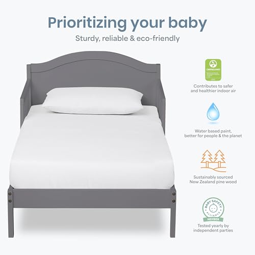 Image of Dream On Me Sydney Toddler Bed in Steel Grey, Greenguard Gold Certified | Solid Arched Panel, Low to Floor Bed, 2 Safety Guard Rails, Sturdy Wooden Frame, 50 Lb Limit, BSA Verified