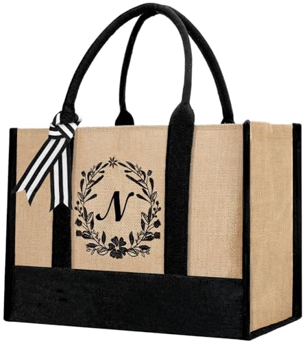 Sacola personalizada de juta para mulher presente de aniversário de Natal para mulheres presentes de praia para senhora mãe noiva, Letra N, Medium