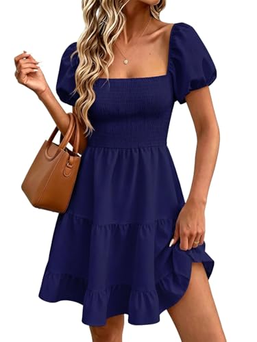 Image of Wenrine Womens Puff Sleeve Babydoll Dress Summer Floral Square Neck Smocked Casual Off Shoulder Ruffle Boho Mini Dresses