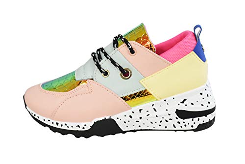 LUCKY STEP Women's Leopard Colorblock lace up Sneakers Cosy Chunky Climbing Hiking Running Shoes.(Hologram Green/Multi,6B(M))