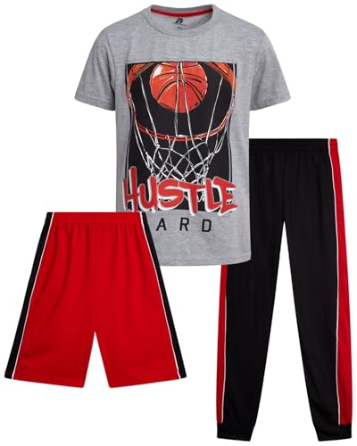 Image of Pro Athlete Boys Pants Set - 3 Piece Active Short Sleeve Graphic Tees Athletic Shorts and Jogger Sweatpants for Boys
