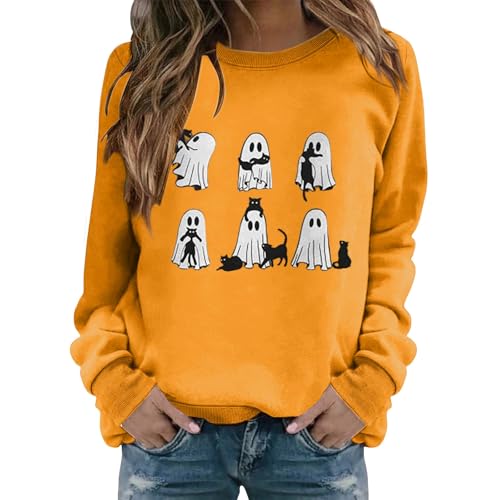 Sudadera de Halloween para mujer, camisetas divertidas de fantasma, tallas grandes, disfraces de Halloween, manga larga, sin botones, camisetas de gato negro, ropa de moda para vacaciones, naranja