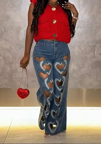 Tcremisa Womens Sexy Heart Hollow Out Ripped Jeans Stretch High Waist Straight Wide Leg Cut Out Baggy Denim Pants2