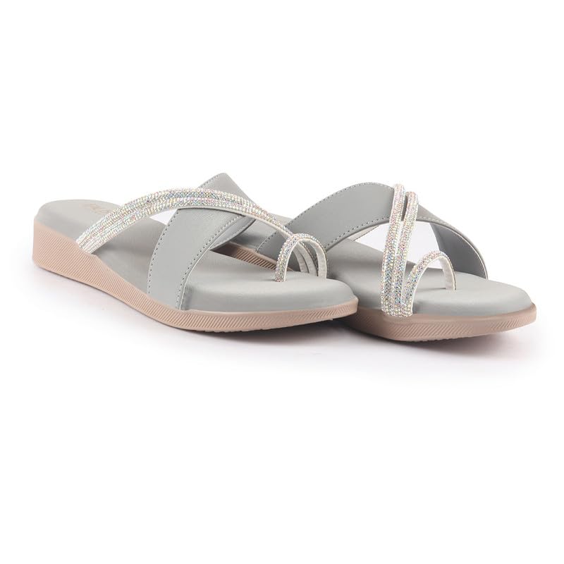 Image of FAUSTO Women Embellished Shimmery Cross Strap Toe Ring Wedding Slip On Slippers | Soft Cushioned Footbed Wedge Sandals | Party, Mehndi, Festive