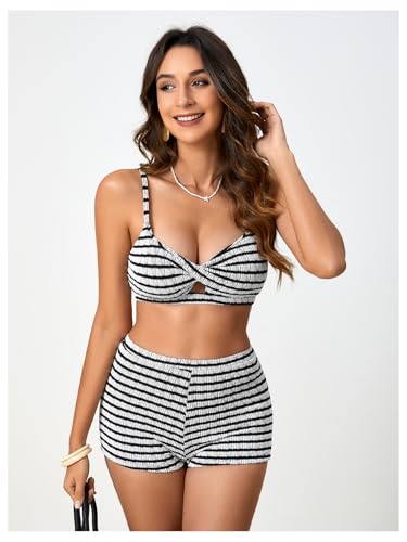 MakeMeChic Women's Striped Bikini Set Twist Front Tummy Control Bathing Suit with Boyshorts4