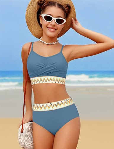 Image of BAVADER Teen Swimsuits for Girls 12-14 Bright Colors Bathing Suits Woven Welt High Waisted Bathing Suits for Teens 12-14 Girls Bikini 2 Pieces Swimsuit with Removable Bra Grey Blue