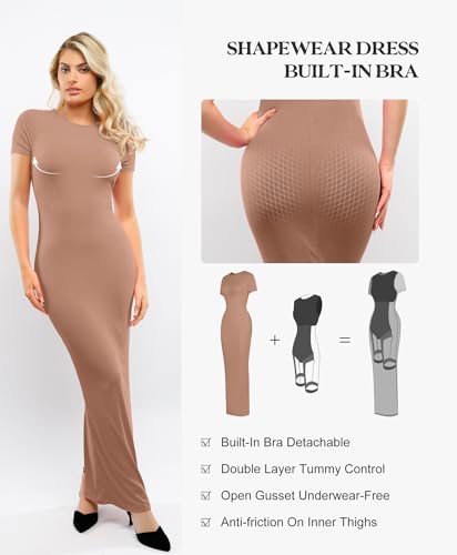 Popilush Shaperwear Dress Built-in Bra Women's Casual Lounge Dress with Zipper Short Sleeve Mock Neck Bodycon Dresses2