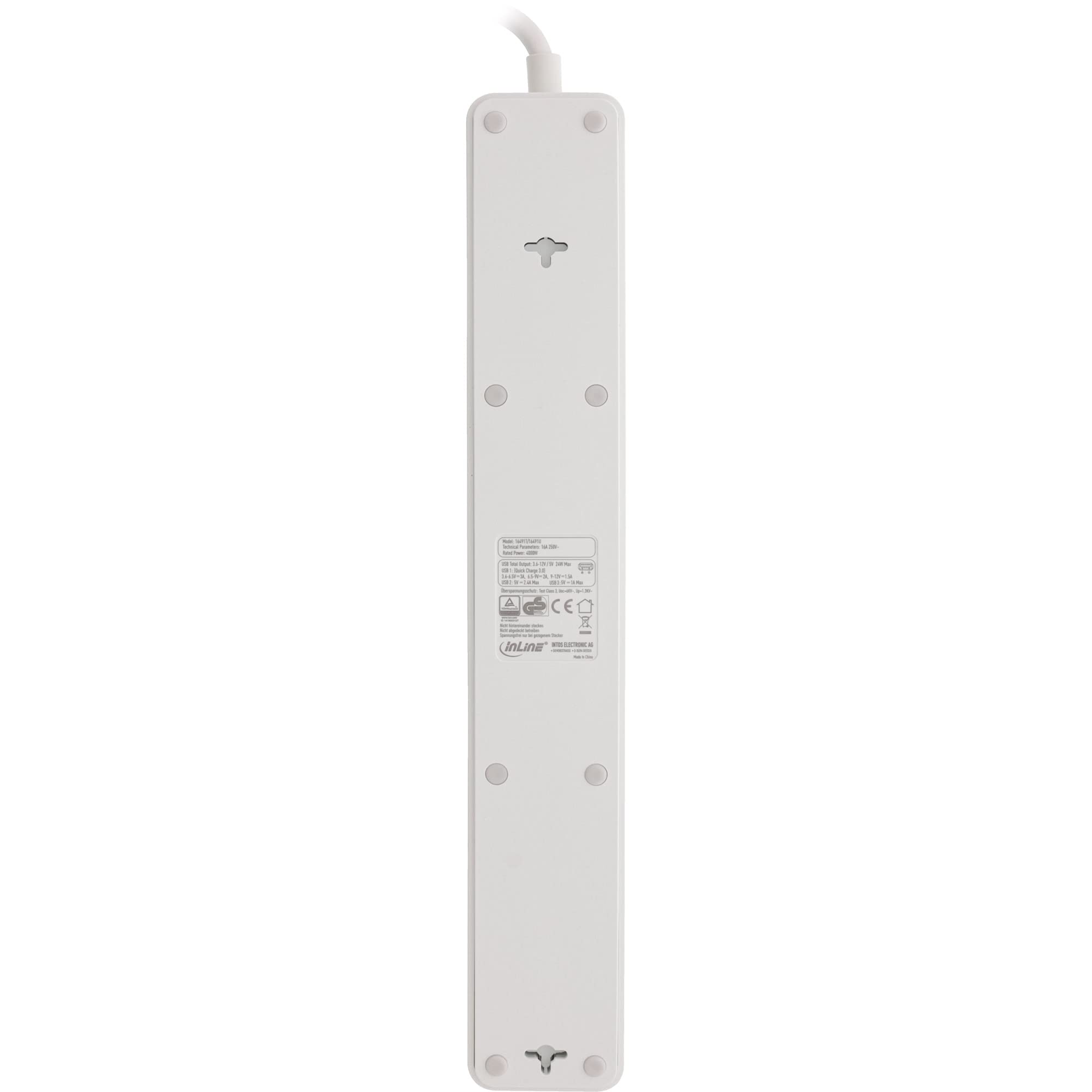 InLine 16491T - Regleta con 5 enchufes (protección de Contacto, protección contra sobretensiones y USB QuickCharge con Interruptor, 1,5 m), Color Blanco