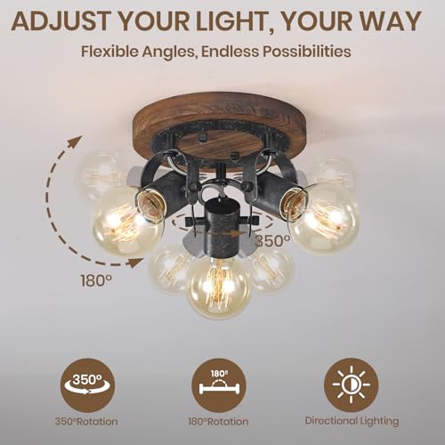 Image of Farmhouse Ceiling Light Fixture with Wood Base, 3-Light Adjustable Industrial Track Lighting, Rustic Black Metal Spotlight Ceiling Lights for Kitchen Bedroom Hallway