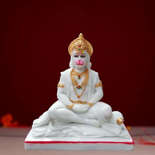 Image of Hanuman Ji Statue Sitting Idol Bajrangbali Murti Gift Article Decorative Showpiece. Beautifully Handcrafted Marble Panchmukhi Hanuman Ji for Home Temple (White-10 Inch)