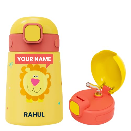 Image of rabitat Milo Personalized Stainless Steel Water Bottle 350ml | 2 Year Brand Warranty | BPA Free | Leakproof Steel Sipper Bottle for Kids | Flip Lock Lid with Straw | Easy Carry Handle Sunny Roar