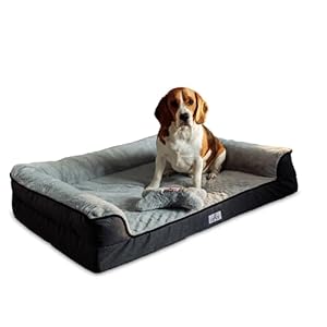 XLarge Orthopädisches Hundebett für Grosse Hunde, Hundecouch mit hohem Rand, Haustierbett, Hundesofa waschbar, Baumwollleinen und Kunstpelz (Grau, XL(106 * 80 * 20cm))