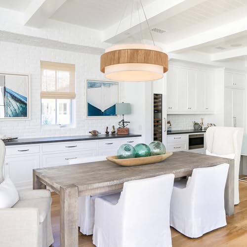 ELYCCUPA 30” Fabric Rattan Chandelier Boho Hand Woven Coastal Pendant Light Adjustable Drum Large Pendant Lighting Fixtures for Dining Room Living Room Kitchen Hallway, Off-White, UL Listed - Image 2