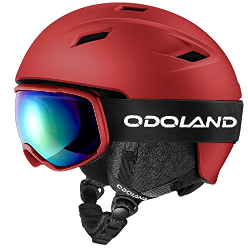 Odoland スキーヘルメットセット ゴーグル付き スノーボードヘルメット ダイヤル式サイズ調整 メガネ対応 ダブル球面レンズ 防風 曇り止め 耐衝撃 UVカット 男女兼用 大人・ジュニア・子供用