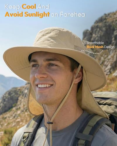 Image of Sun Hats for Men Wide Brim Bucket Hat with Neck Flap for Fishing & Hiking Mens Sun Hat for UV Protection