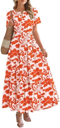 BTFBM Womens Summer Floral Maxi Dresses V Neck Short Sleeve Boho Casual Flowy Long Wedding Guest Dress Beach Vacation