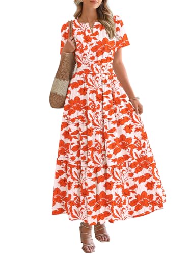 BTFBM Summer Dresses for Women 2025 Floral Casual Short Sleeve V Neck Elastic Waist Maxi Wedding Guest Dress Pockets