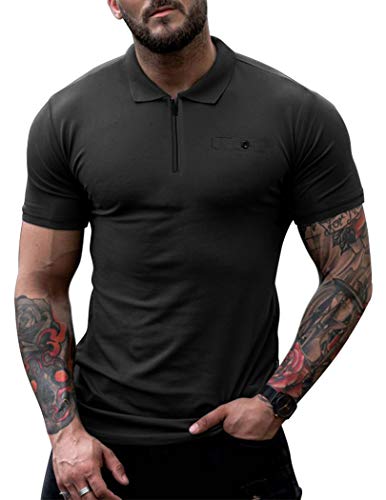 COOFANDY Men's Short Sleeve Zipper Polo Shirt Fitted Mesh Pique Golf Tshirts Pocket (Medium, Black)