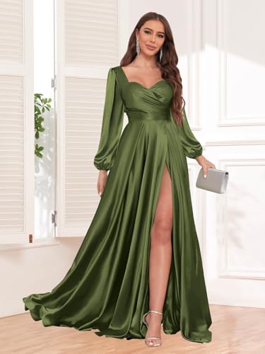 V Neck Satin Bridsmaid Dresses for Wedding Women with Slit Long Sleeves Pleated Prom Dress2