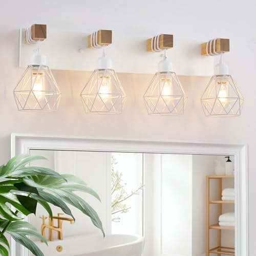 White Bathroom Vanity Light Fixtures, 4-Light Wood Bathroom Light Fixtures Over Mirror, Rustic Sconces Wall Lighting with Elegant Metal Lampshade for Living Room, Bedroom, Hallway
