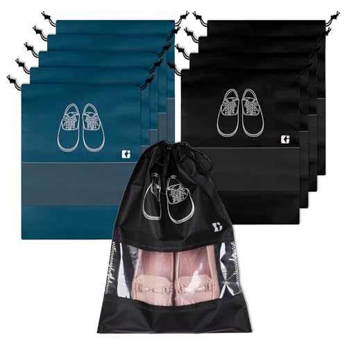 Image of Urbane Home Pack of 10 Shoe Bags | Shoe Bags for Travel | Non-Woven Shoe Storage Bags | Storage Organizers Set | Shoe Cover with Transparent Window | Shoe Dori Cover | Navy Blue & Black