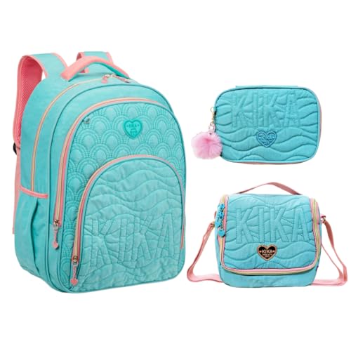 Kit Completo Mochila de Costas Lancheira Térmica e Estojo Escolar Feminino Kika Matelassê (Verde)